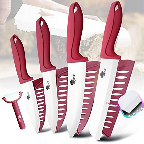 DZCP Coltello da Cucina Coltello in Ceramica 3 4 5 + 6 Pollici Cucina Set di Pane Serrated 3pcs / 4pcs Chef Utility Slicer Orthengeble Peeler Bianco Zirconia Blade (Color : Red 4566 inch Bread)