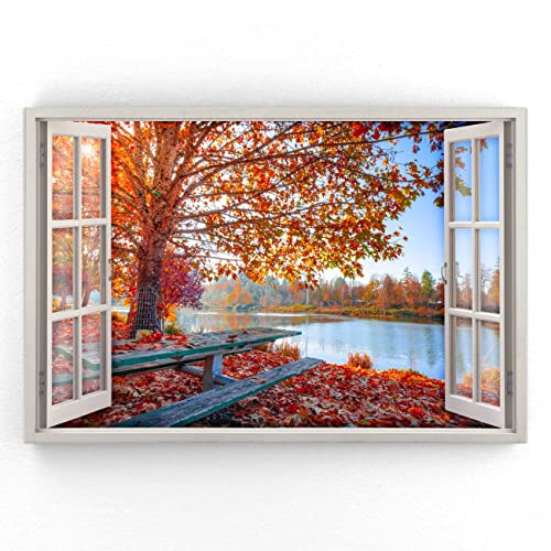 Estika – Lienzo con vistas a la ventana – Bosque, otoño, lago – 120 x 80 cm – 1 pieza mural, cuadro sobre lienzo, decoración moderna para salón dormitorio – Imágenes de paisajes naturales – 5973A_1B