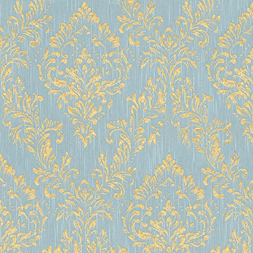 Barock tapet Profhome 306595-GU textiltapet strukturerad med ornament glänsande guld blå grön 5,33 m2