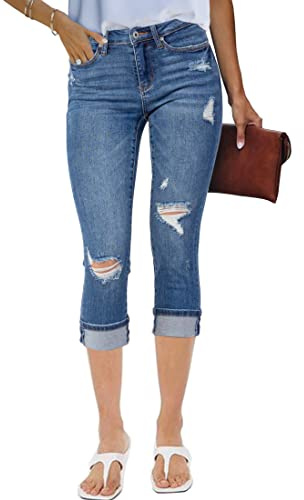 luvamia Women's Casual High Waist Ripped Capri Jeans Powder Blue Women's Jeans Capri Jeans Jeans for Women Stretch Skinny Size Medium Fits Size 8 / Size 10