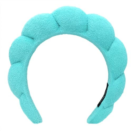 Ycfish Puffy Makeup Headband Spa Headbands for Women Sponge & Terry Towel Cloth Fabric Cute Skincare Headband for Face Washing, Makeup Removal, Shower, Facial Mask (Blue-green)