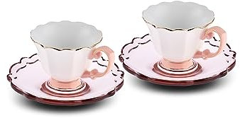 Karaca Samo 2-personers rosa kaffekoppsset med fat i akryl 90 ml, kaffemugg, unik design, ger stämning
