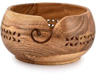 Samhita Acacia Wood Yarn Bowl Holder |Handmade Crocheting Accessories and Supplies Organizer (17.78cm x 17.78cm x 10.16cm)