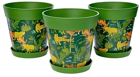 Hum Flowerpots set of 3 plastic, indoor/outdoor plant pots 22cm, without drainage holes, and 3 saucers (Green Jungle Leopards)