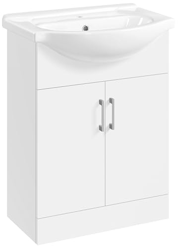 Yaheetech Meuble Salle de Bain avec Vasque en Céramique, Meuble Lave Main WC, Armoire sous Lavabo Encastrée, Charnières Soft-Close, 61 × 43,5 × 84 cm, Blanc