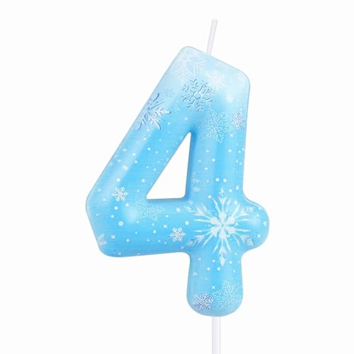 Candele di compleanno con numero di fiocco di neve, blu e bianco, 4 candele di compleanno per torte ragazze, candele numero 4 congelate, candela bianca congelata per decorazioni di compleanno a tema