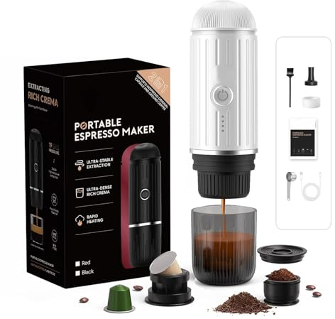 HAILASRE Bärbar elektrisk espressomaskin, 2-i-1 självuppvärmande extraktionssystem, Crema Nespress espressomaskin, stöder malet kaffe och NS-kapsel, ME2218 (vit)