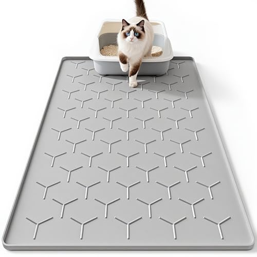 Bulkniu Large Silicone Cat Litter Mat, Waterproof/Urineproof, Litter Recycling, Easy to Clean, Soft on Kitty Paw (22X34- Grey)