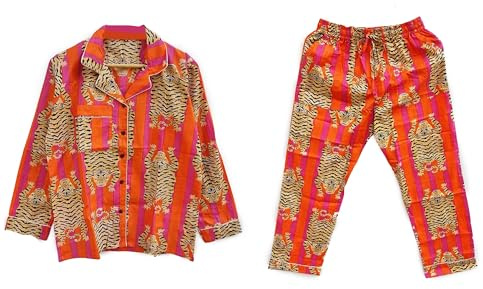Pranipat Handicrafts Pigiama da donna tibetano tigre manica lunga 100% cotone tacca colletto button up lounge set con tasche, Arancione, XL