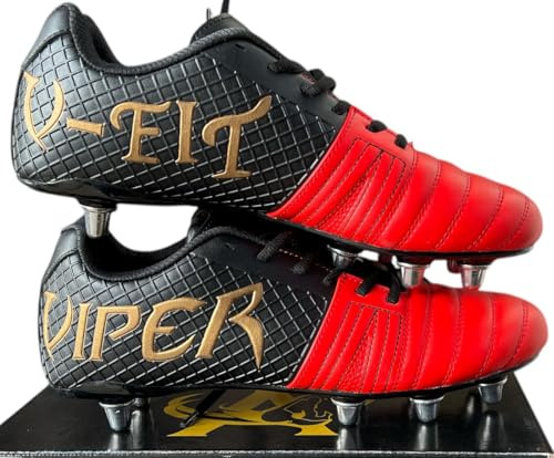 VIPER V-Fit Rugby Boots, Black/Red, Grid Pattern Design, Metal Studs, Lightweight, Comfortable, SG/FG (Black/Red, UK Footwear Size System, Adult, Men, Numeric, Wide, 10)