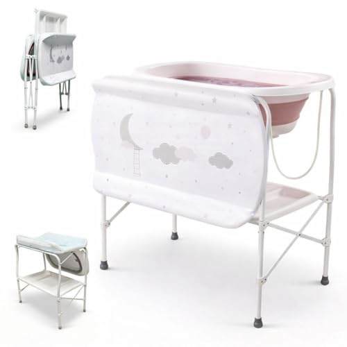 BATHBY Bañera Bebé con Patas Multifuncional 5 en 1: Plegable con Soporte, Cambiador, Bandejas Organizadoras, Desagüe con Tubo y Soporte para Ducha, (Rosa Standard)
