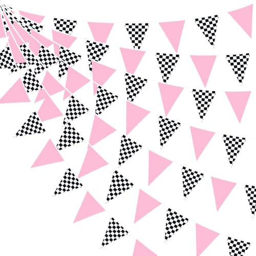 32Ft Pink Black White Checkered Race Car Fabric Bunting Banner Racing Car Party Decorations Triangle Flag Pennant Garland Streamer for Kids Girls Birthday Two Fast Baby Shower NASCAR Theme Party Decor