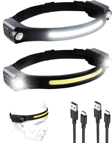 Stirnlampe LED Wiederaufladbar, Superhell 1200 Lumen Sensor Stirnlampe, 2 Spot Light 230° COB kopflampe mit 5 Lichtmodi, 12 Stunden Laufzeit, IPX4 Wasserdicht, Perfekt zum Joggen, Campen(2 Stück)