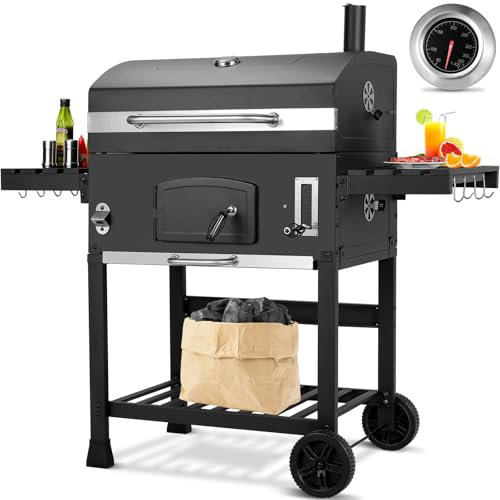 LIFERUN Grande Barbecue Carbonella XXL, BBQ Smoker con Camino e Coperchio, Griglia per Barbecue con 2PCS Ruote, Termometro, Altezza Regolabile, BBQ Carbonella per Giardino, 138x155x61 cm
