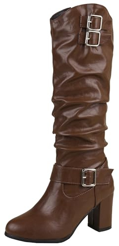 BULVJ Botines para mujer con tacón de bloque hasta la rodilla, botines holgados informales con decoración de hebilla de metal y cremallera lateral, marrón, 36 EU
