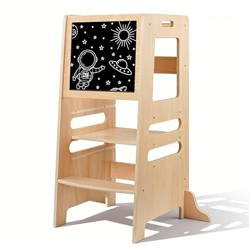 Torre de Aprendizaje Montessori de Madera para Niños, Taburete de Cocina Regulable para Edades de 1 a 5 Años, Helper Tower con Barra de Seguridad para Cocina y Baño