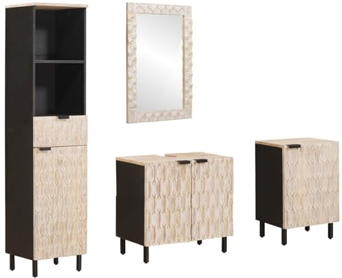 vidaXL Juegos de Baño 4 pcs Acabado de Lavado Madera de Mango Maciza, Conjunto de baño Moderno, Set Rectangular, diseño contemporáneo para hogares, Estilo Minimalista