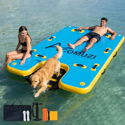 ACOMUZI Inflatable Floating Dock for Lake, Heavy Duty Swim Platform with Water Ramp, 6 Thick Drop Stitch Portable Inflatable Island Platform for Boat Pool Beach, Includes Pump