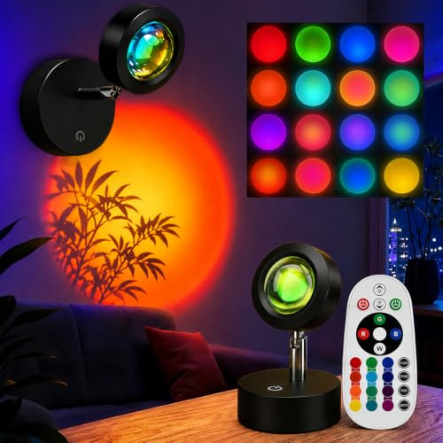 Ecloom RGB Wall Mount Sunset Projector Lamp, 16 Color Changing Wireless Smart Remote Ambient, 360° Rotation, Sunrise Sunlight Mood Decor Light with USB for Bedroom, Living Room