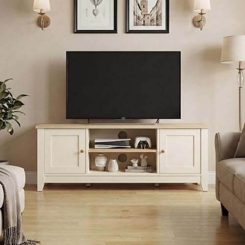 Furnihaus Windsor TV Cabinet, Traditional Cottage Style TV Stand Cabinet, 2 Doors and Open Shelves, Living Room Furniture for TVs up to 55 Inch, 120 cm Wide, Ivory & Oak Effect