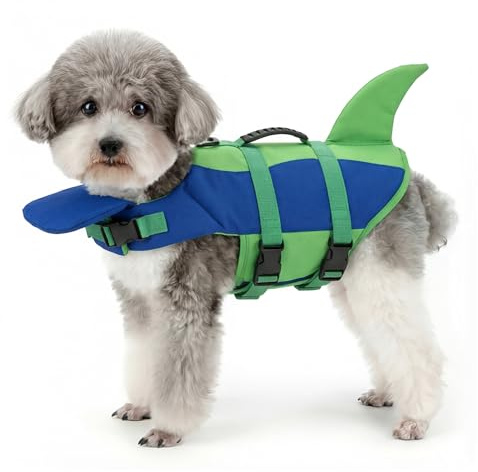 Zunea Gilet de sauvetage pour chien avec poignée, Gilet de sauvetage pour chiot requin pour la natation Aide à la flottabilité pour animaux de compagnie réglable Maillot de bain de sécurité avec