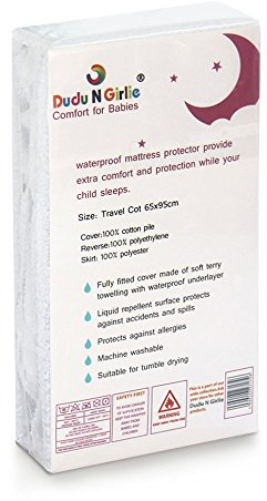 Dudu N Girlie Travel Cot Waterproof Mattress Protector - Toddler Bed Mattress Protector- Cotton Fitted Sheet for Travel Cot Mattress Topper - White, 65x95x10 cm.