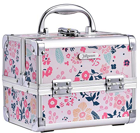 Joligrace Mädchen Make-up-Box mit Spiegel, Kosmetikkoffer, Schmuck-Organizer, leicht, abschließbar mit Schlüssel, Beige Disty Florals