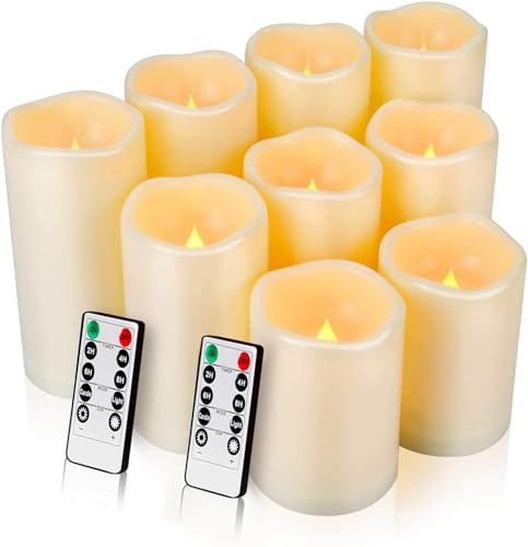 Enido Flameless Candles with Remote, 9 PC Outdoor Waterproof Battery Operated LED Pillar Candles, Flickering Electric Candles with Timer, 3 x 4 5 6 for Lantern, Patio, Wedding, Easter