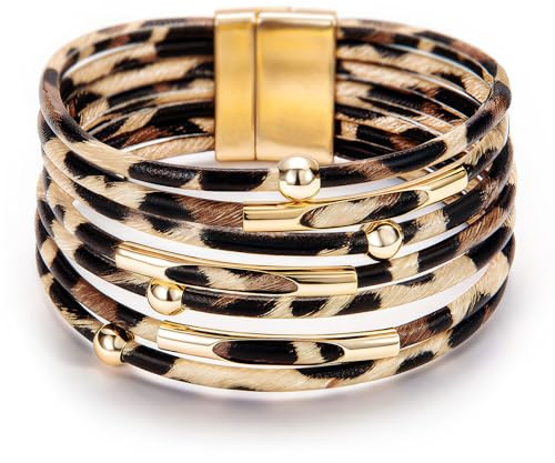 Fesciory Mothers Day Gifts for Mom Leopard Bracelet for Women, Boho Leather Wrap Multi-Layer Pearl Crystal Bracelet Bangle Jewelry(Brown Leopard)