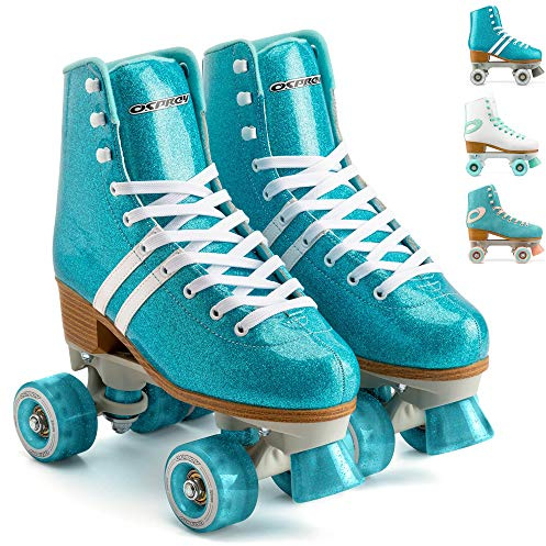 Osprey Retro Quad Roller Skates for Adults – Women's Lace Up High Top Roller Boots - Multiple Designs, Glitter Blue, UK ADULT 3/EU 36