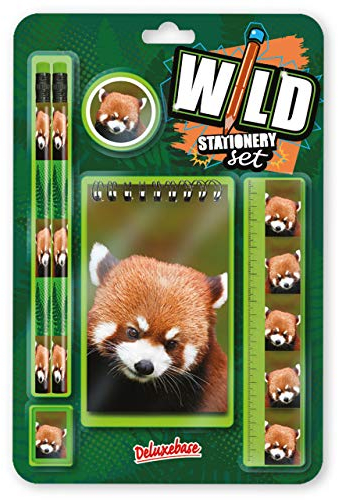 Deluxebase Wild Stationery Set - roter Panda niedlichen Stationären Schulsets für Mädchen und Jungen enthalten 2 Bleistifte, Radiergummi, Spitzer, Lineal und Notizbuch