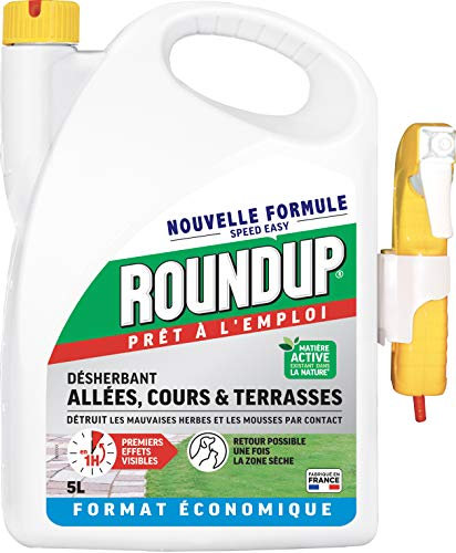 ROUNDUP SP5ATNA - Désherbant Cours, Allées Terrasses Prêt à L'emploi 5 L -Premiers effets visibles en 1h -Elimine mauvaises herbes et mousses par contact - Produit à base d'acide pélargonique - 165 m²