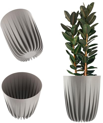 KADAX Blomkruka av plast, moderna planteringskrukor, växtkruka med geometriskt mönster, rund blomkruka med insats, utomhus naturlig blomkruka, hög kruka (Ø 25 cm, ljusgrå)