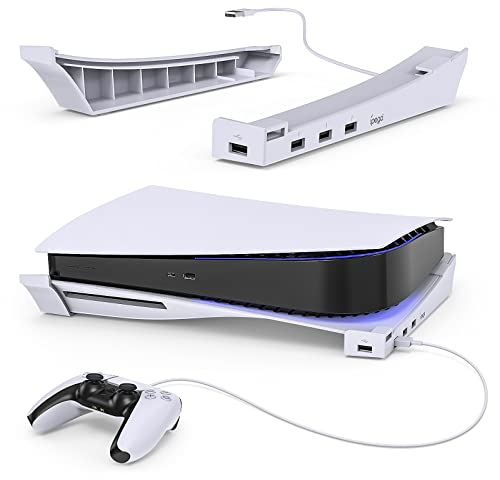 Horizontal Stand for PlayStation5 Console with 4-Ports USB Hub, PS5 Accessories Base Holder for Playstation 5 Disc & Digital Editions, USB 2.0 Data Port & 3 Charging Ports, NOT FOR PS5 PRO & SLIM