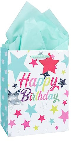 SUSNUAN Happy Birthday Gift Bag, Cyan Gift Bags with 2 Tissue, Medium Paper Gift Bags with Twist Handles, Birthday Gift Bag for Girl Boy Women Female (180x100x230mm), Pack of 1