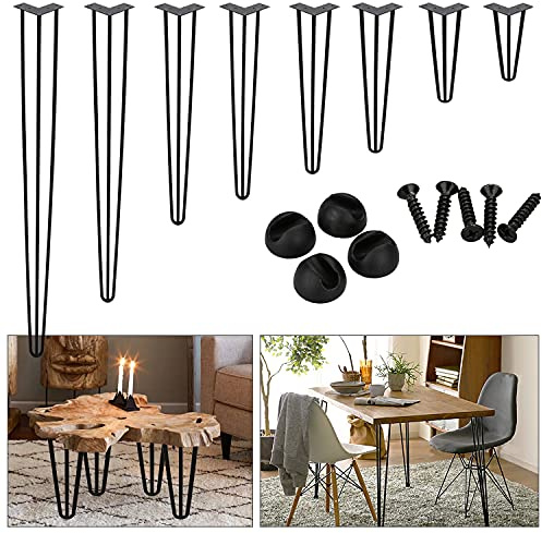 Cecaylie Lot de 4 pieds de table en épingle à cheveux à 3 barres avec protections de sol - En métal noir - 45 cm - Pour table basse et bureau