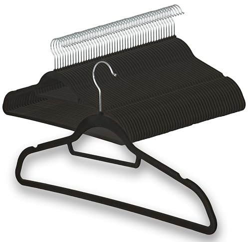 OGIVO Samt Kleiderbügel - 50er Set - rutschfest Bügel für Ihren Garderobe - kleine Stange für Krawatten - Haken um 360° drehbar - Einkerbungen im Schulterbereich - Hangers Clothes (Schwarz)