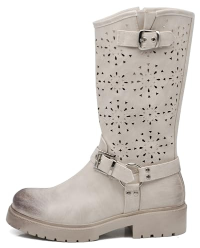 IF Fashion Scarpe da Donna Stivali Primaverili Estivi Traforati Alla Caviglia Biker Motociclista Con Fibbia WZ688-62 beige N.37