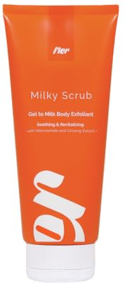 Fler Milky Scrub – kroppsskrubb för känslig hud, gel till mjölk med niacinamid, ginseng och ringblomma, perfekt före hårborttagning, mild peeling med pimpsten – 200 ml