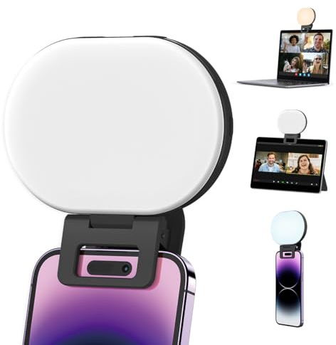 Portable Selfie Light Rechargeable 2000mAh 2700-6500K, Phone Light with Silicon Clip Type-C, 3 Color Modes for Phones Cameras Laptops iPads Perfect for Makeup Video Calls TikTok & Vlogs