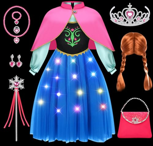 Tacobear Luminosa LED Disfraz Princesa Niña con Capa Peluca Bolsa Corona Varita Magica, Vestido Princesa Disfraz para Carnaval Halloween Navidad Cumpleaños (120, 4-5 Años)