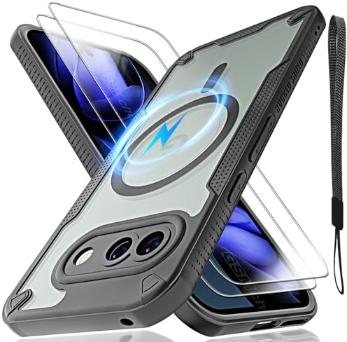 Htlhpxx for Google Pixel 9A Magsafe Phone Case 6.1-inch-Black | Translucent Matte Back with Magsafe Magnetic Slim Shockproof Protective Case and Lanyard Strap/2*9H Screen Protector