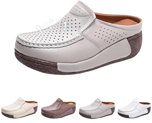 Mules en cuir respirant à enfiler pour femme, semelle à bascule, chaussures décontractées creuses antidérapantes avec soutien de la voûte plantaire, mules et mules de travail, gris, 38.5 EU