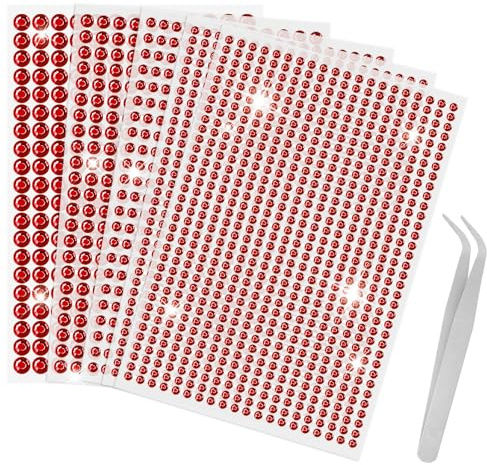 Sularpek 2542 Pcs Strass Autocollant, 5 Feuilles Strass Autocollant Visage, Strasss Visage Festival, Strasss Adhesif Rond avec pincettes, pour DIY Body Maquillage Décoration (3/4/5/6mm)-Rouge