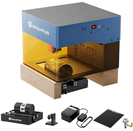 SCULPFUN iCube PRO MAX 10W Máquina de grabado láser con tambor rotatorio láser RA Mini, bomba de aire y mesa de trabajo en panal, cortador láser con filtro de humo