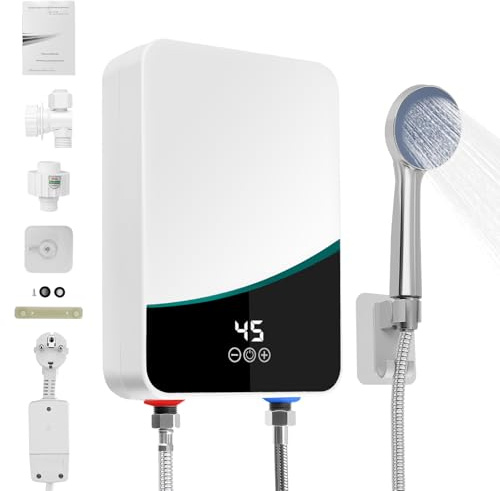 Mini chauffe-eau instantané, 230 V, électrique, avec affichage de la température LCD, chauffe-eau instantané, petit pour lave-main, cuisine, salle de bain, lavabo 5500 W avec kit de douche