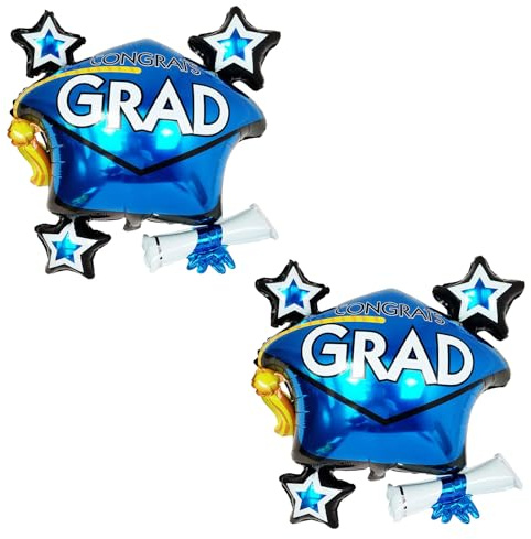 2Pcs Graduation Cap Balloon, 2026 Blue Graduation Hat Stars Graduation Gift Grad Hat Mylar Balloons, Graduation Party Decorations Supplies