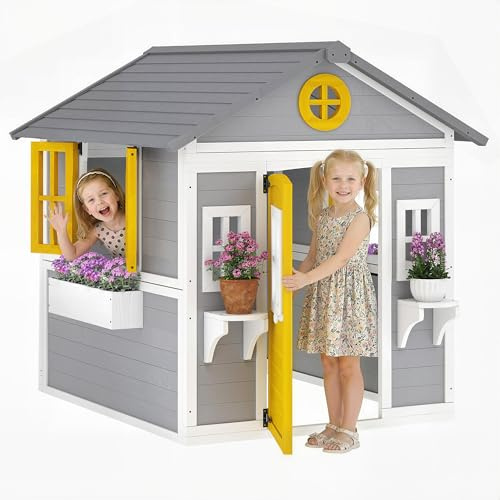 Outsunny Casetta per bambini all'aperto e interno in legno, casetta per bambini con porta, finestre, fioriere e supporti per fiori, casa da giardino per bambini di 3-8 anni, grigio