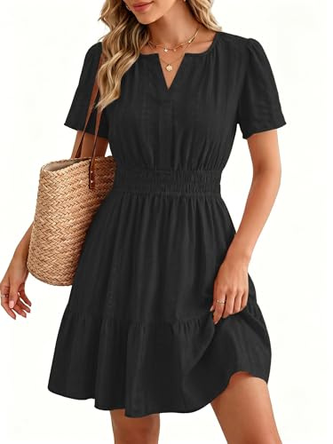 Timormode Womens Summer Casual Beach Vacation Mini Dress 2026 with Pocktes | Short Sleeves, Elastic Waist, A Line, V Neck, Boho Flowy Swing Sun Dress, Cotton, Lightweight Daily Work Outfits