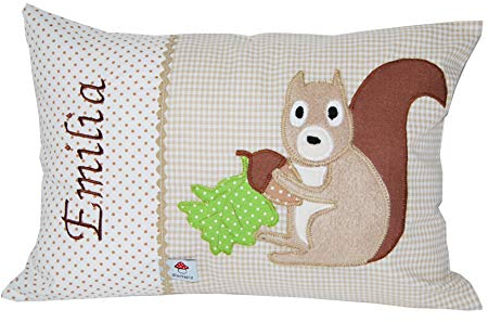Glückspilz Namenskissen Babykissen I Eichhörnchen I mit Namen personalisiert I Geschenk zu Geburt, Taufe oder Geburtstag I Beige (40 x 60 cm)